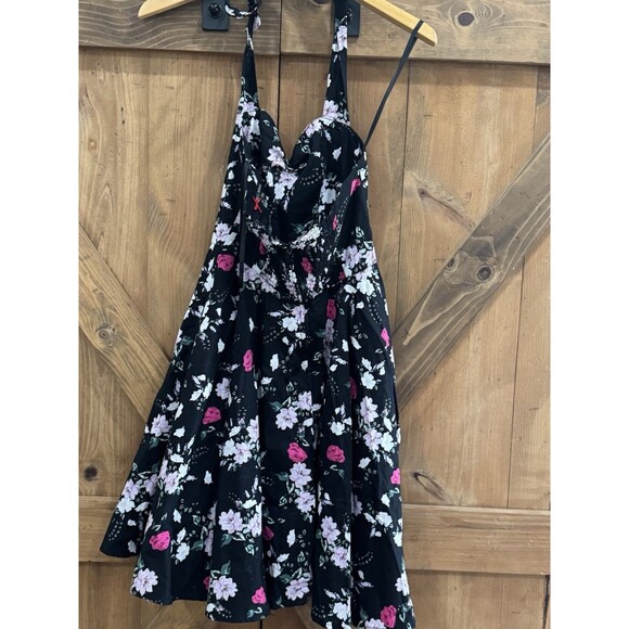 HELL BUNNY Melissa Halter Mini 50s Black Floral Rockabilly Pin Up Dress Sz S - Picture 4 of 5